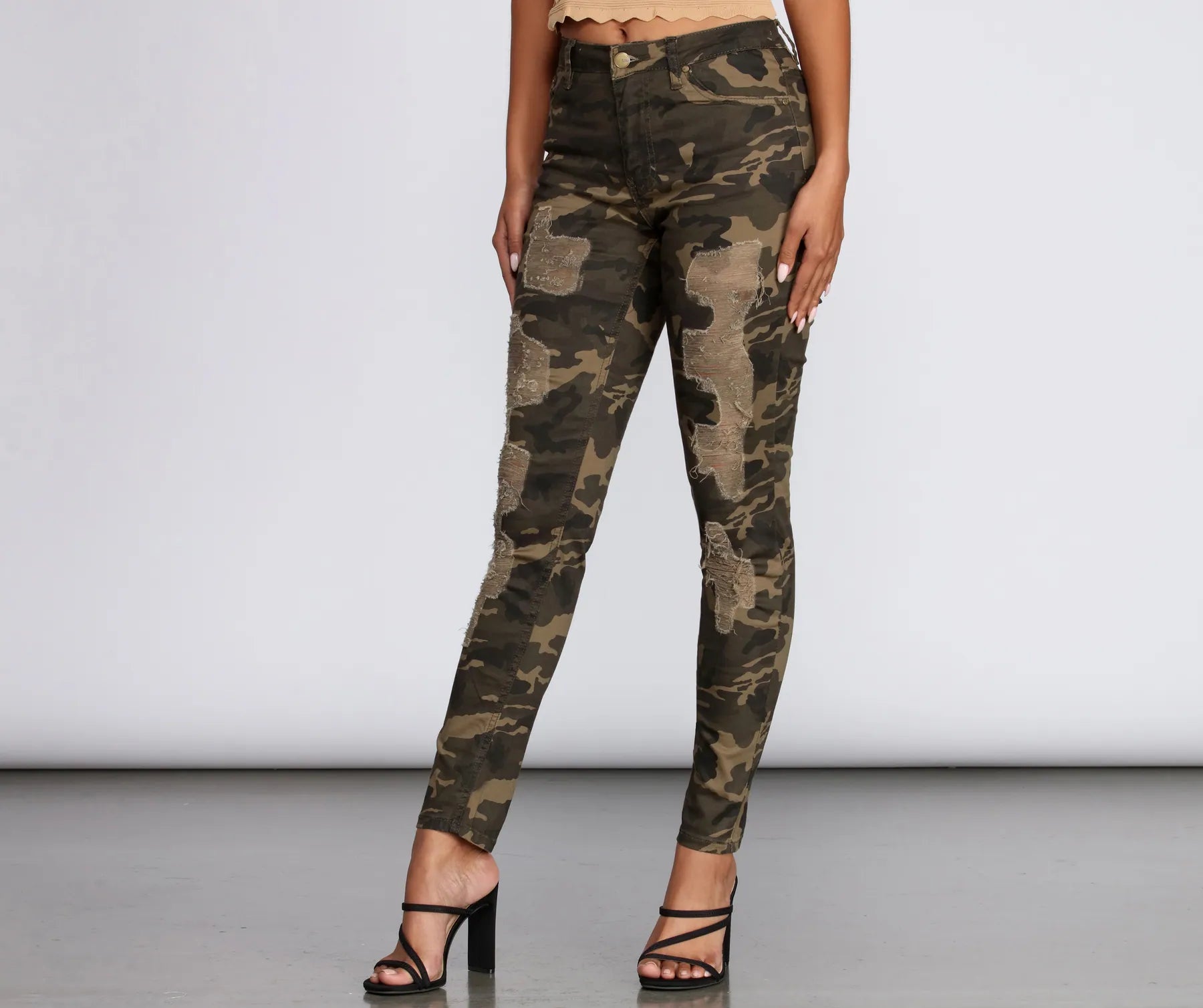 Women Apparel Take Cover Distressed Camo Pants