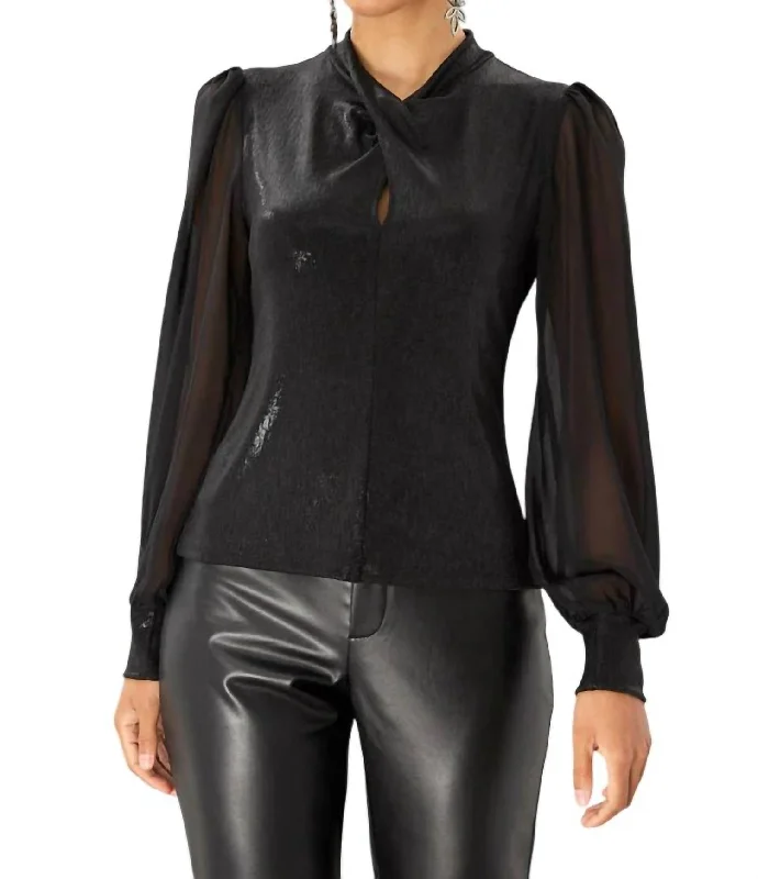 Playful Fashion Offers Final Sale Camille Top Twist Front Sheer Sleeve In Black