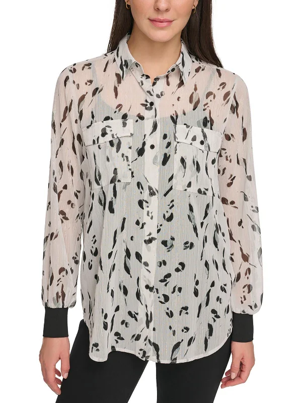 Casual Fashion Trend Alert Womens Animal Print Metallic Button-Down Top