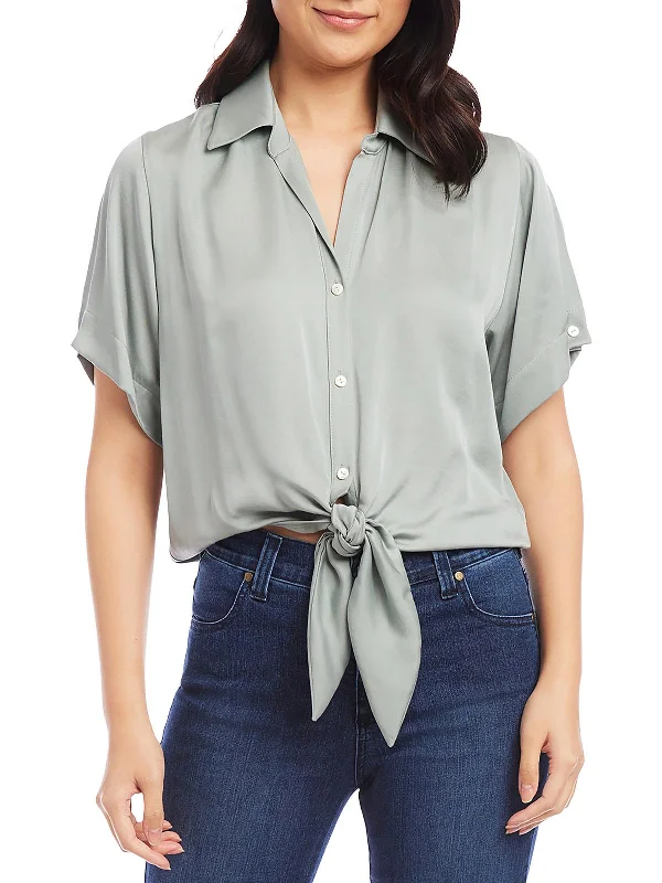 Latest Fashion Stylish Looks Womens Collared Tie Front Button-Down Top