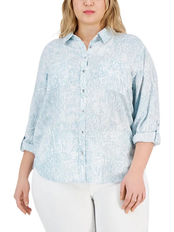 Premium Fashion Exclusive Sale Plus Womens Printed Collared Button-Down Top