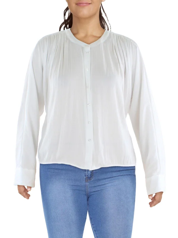 Timeless Style Promotions Elegant Styles Womens Pleated Banded Neck Button-Down Top