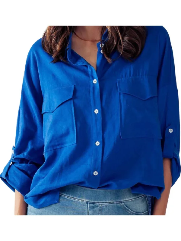 Quick Grab Deals Embrace New Fashion Oversized Pockets Button Up Linen Shirt In Blue