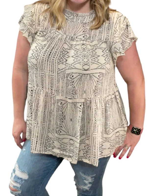 Find Your Unique Flair City Fashion Abstract Ruffle Sleeve Top In Beige