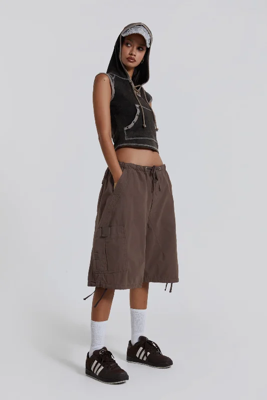 Chic Styles Brown Parachute Cargo Shorts