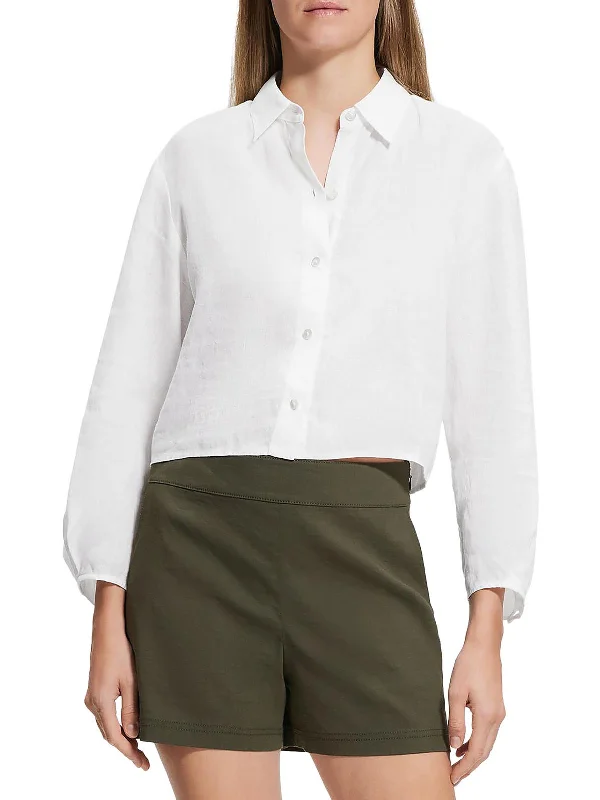 Trend Alert Chic Styles Womens Collared Cropped Button-Down Top