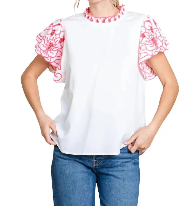 On-Trend Fashion Offers Final Sale Top With Embroidered Cap Sleeves In White