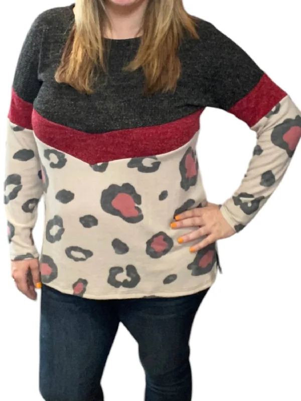 Sale Event, Prices Rock Women Clothes Color Block Animal Top In Taupe/burgundy