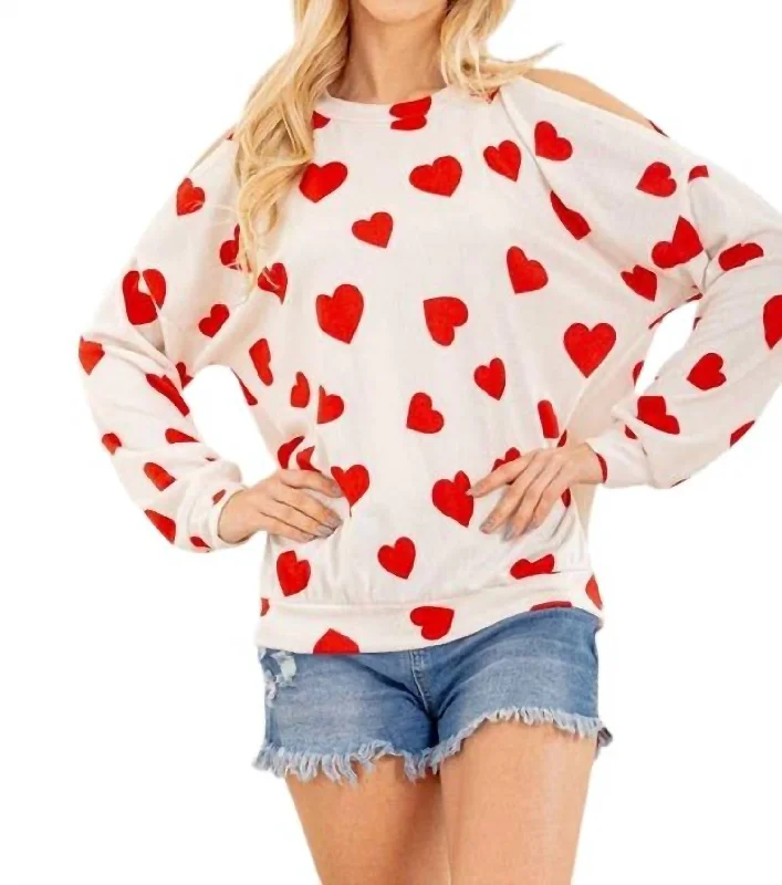 Best-Sellers Shop Ladies Clothes Cold Shoulder Heart Top In White/red