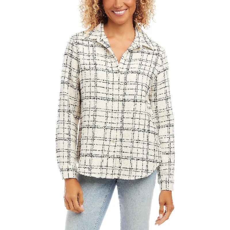 Stylish Statements Trend Forward Threads For Her Womens Tweed Plaid Button-Down Top