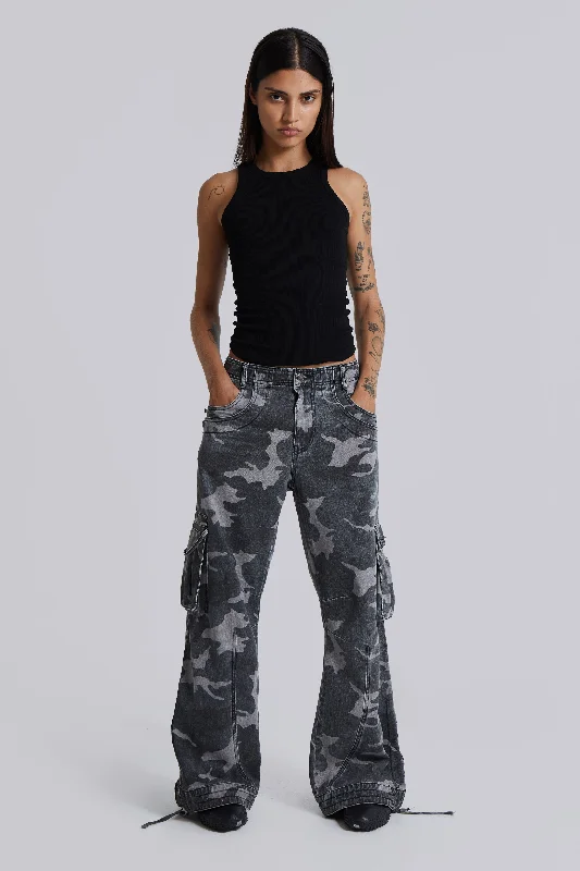 Trendy Fashion For Women Washed Black Trooper Camo Cargo Pant