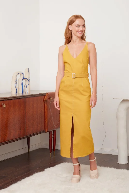 Comfort Centric Apparel ALBERTA yellow denim classy pencil skirt dress