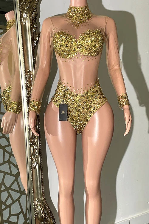 Weekend Sale Icon Diamante Gold Bodysuit (Ready to Ship)