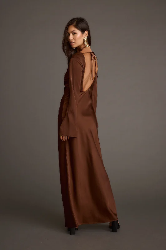 Best Online Boutiques Strokes Mocha Long Sleeve Plunge Satin Maxi Dress