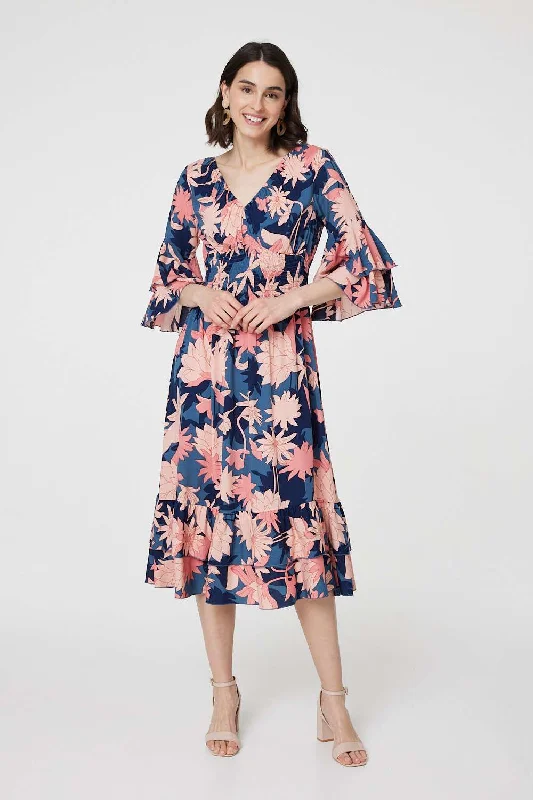 Chic Style Floral 3/4 Sleeve Ruffled Midi Dress