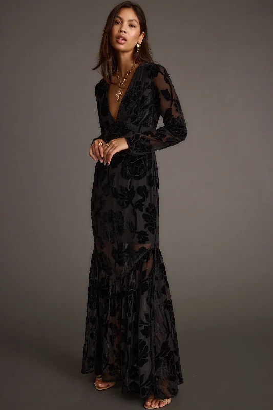 Wardrobe Refresh Angela Black Velvet Burnout Long Sleeve Maxi Dress