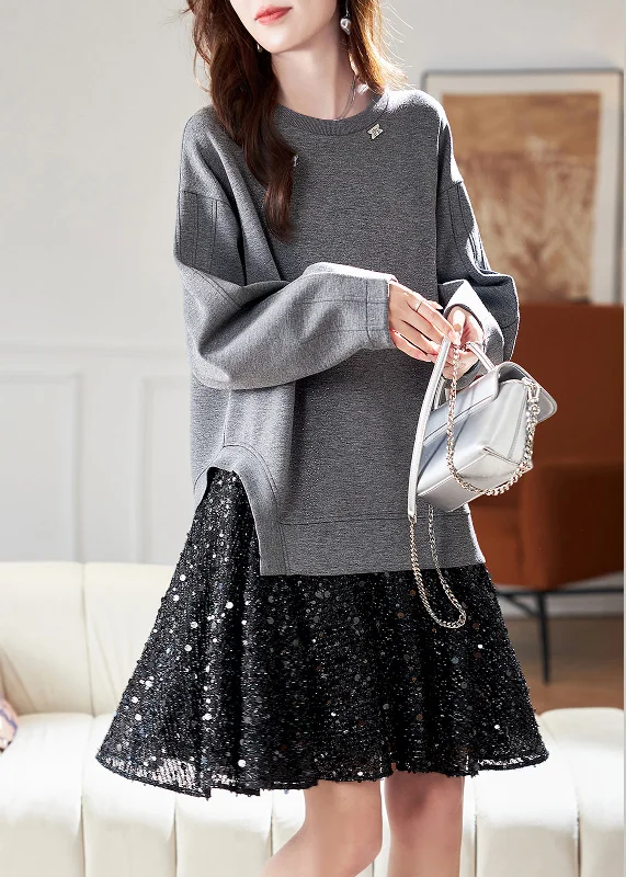 Women's Clothing Online Sale New Grey O Neck Sequins Patchwork Cotton Dress Spring