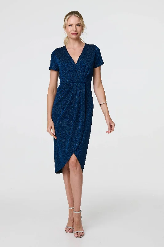 Stylish Everyday Clothing Sparkly Ruched Short Sleeve Midi Dress