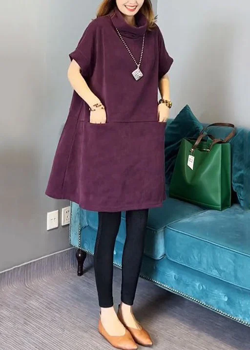 Huge Discounts This Week New Purple Turtleneck Pockets Cotton Mid Dress Short Sleeve