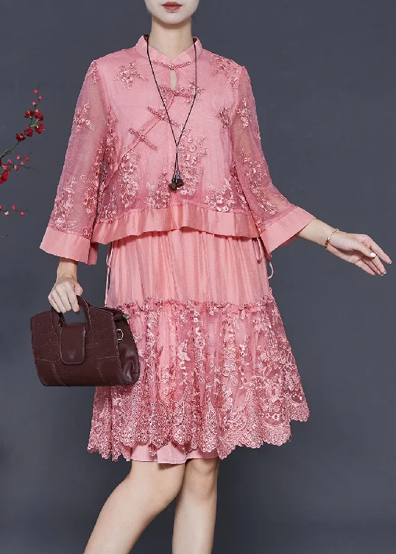 Latest Trends Women Pink Embroidered Patchwork Tulle Oriental Dress Spring