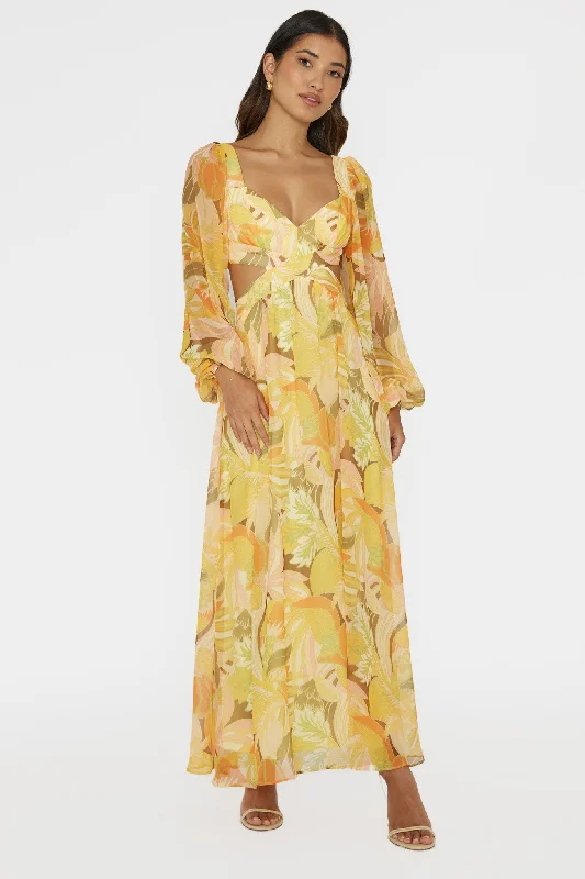 Must-Have Styles Maura Long Sleeve Lace-Up Back Dress Floral Yellow