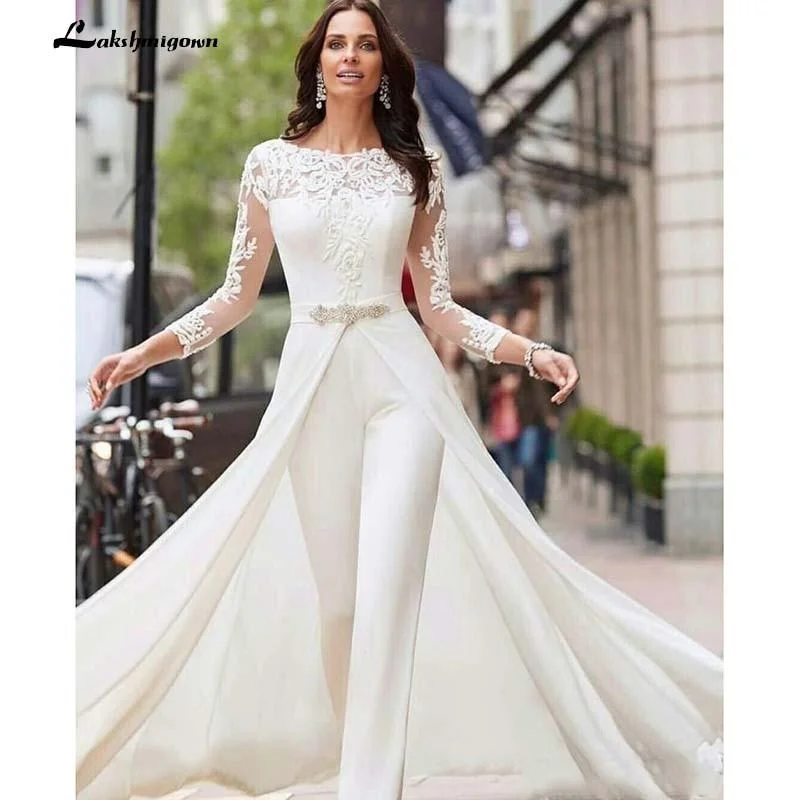 Signature Style Essentials Roycebridal White Jumpsuits Pants Long Sleeve Wedding Dresses Lace Satin