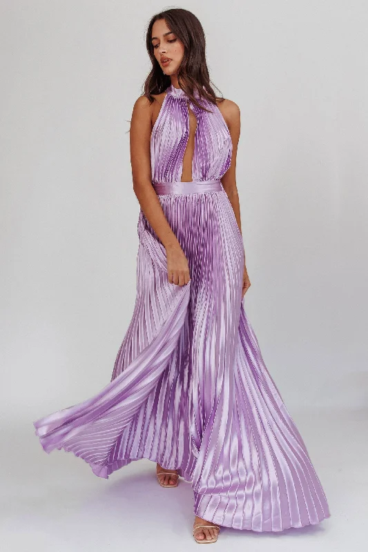 Fashion Deal Monarch Pleated Satin Maxi Dress Lavender