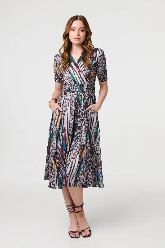 Stylish Savings Printed Faux Wrap Front Jersey Midi Dress