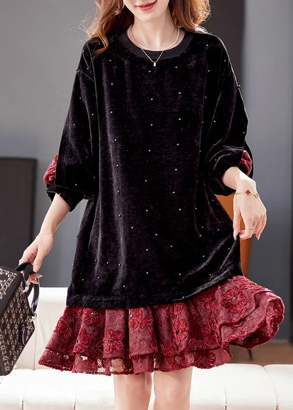 Women's Trendy Outfits Loose Black Nail Bead Lace Patchwork Silk Velvet Dress Winter