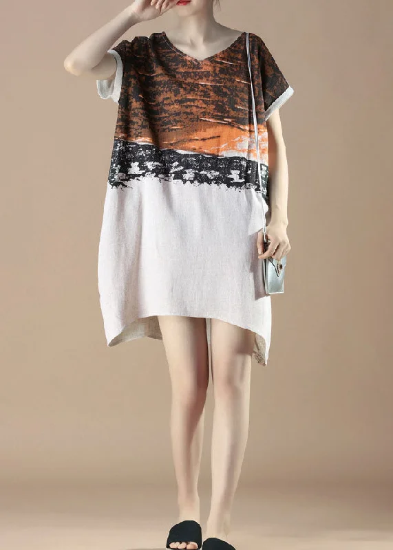 Style Breakthroughs Unique Orange V Neck Print Patchwork Cotton Dress Summer