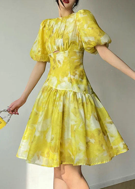 Comfy Women's Outfits for Daily Wear Modern Yellow O-Neck Patchwork Print Silk Holiday Dress Summer