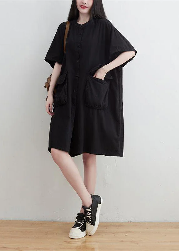 Best Sellers Plus Size Black O-Neck Pockets Button Linen Dresses Short Sleeve