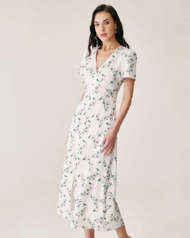 Women Clothes White Floral V-Neck Maxi Dress