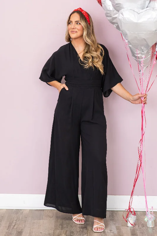 Unique Women's Fashion Pieces Black 3/4 Sleeve V-Neck Jumpsuit