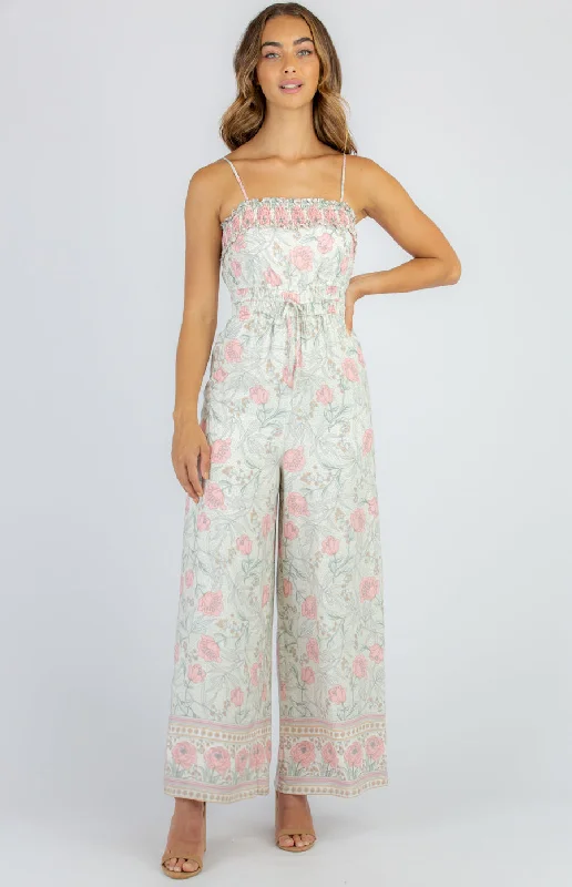 Cool Prices Cotton Shirred Neckline Boho Floral Jumpsuit