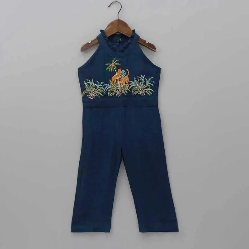 Fashion Sale Pre-Order: Cheetah Hand Embroidered Jumpsuit-Blue