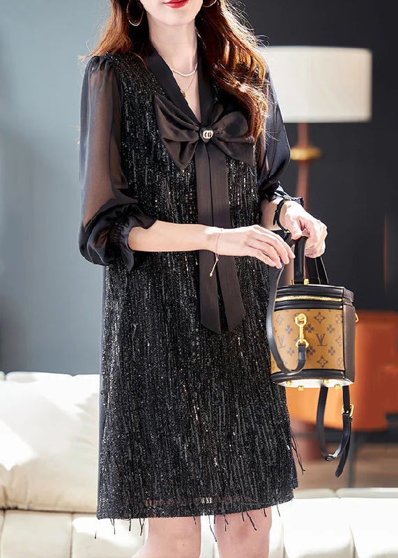 Fashion Forward Femininity Art Black Bow Patchwork Sequins Chiffon Mid Dress Spring