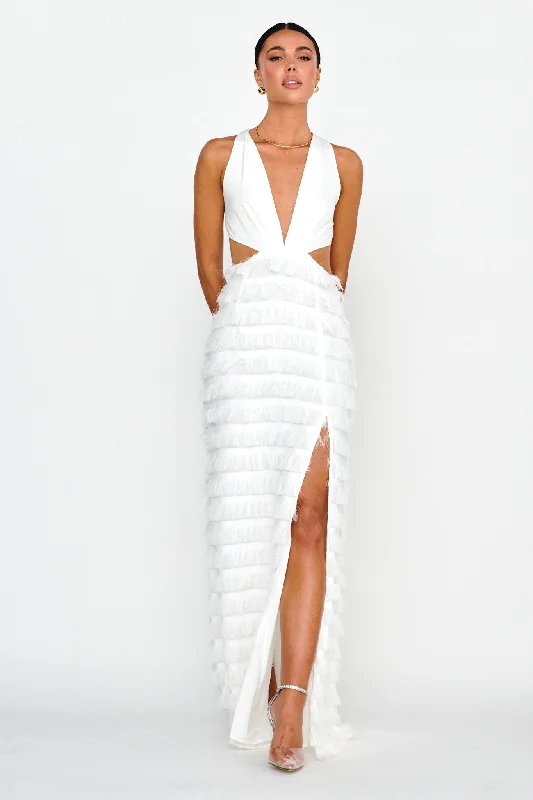 Holiday Discount Bold Move Fringe Trim Maxi Dress Ivory