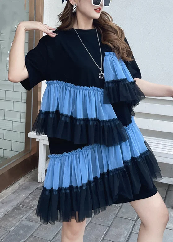 Step Ahead, Lead The Trend DIY Black O-Neck Wrinkled Tulle Patchwork Vacation Mid Dress Short Sleeve