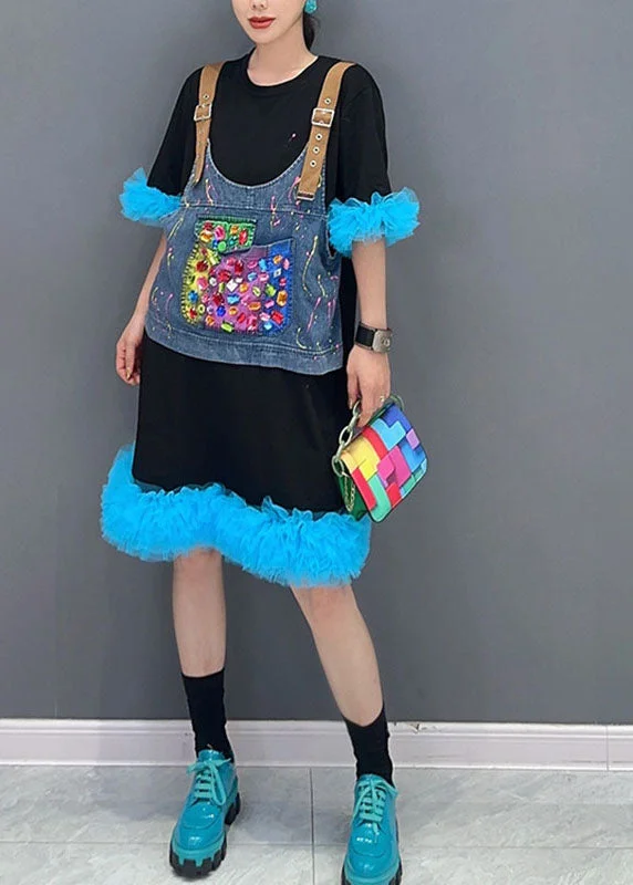 Fashion Essentials Unique Black Patchwork Blue O-Neck Tulle Mid Dresses Summer