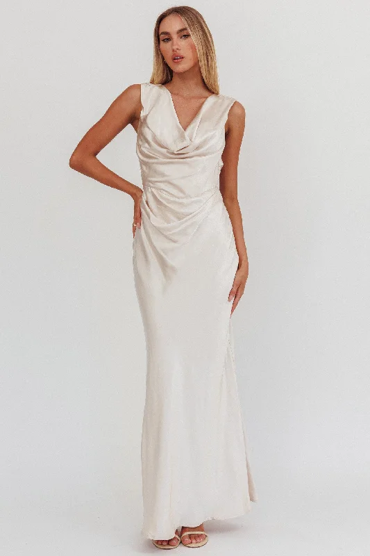 End of Season Sale Chills Cowl Neck Satin Maxi Dress Champagne