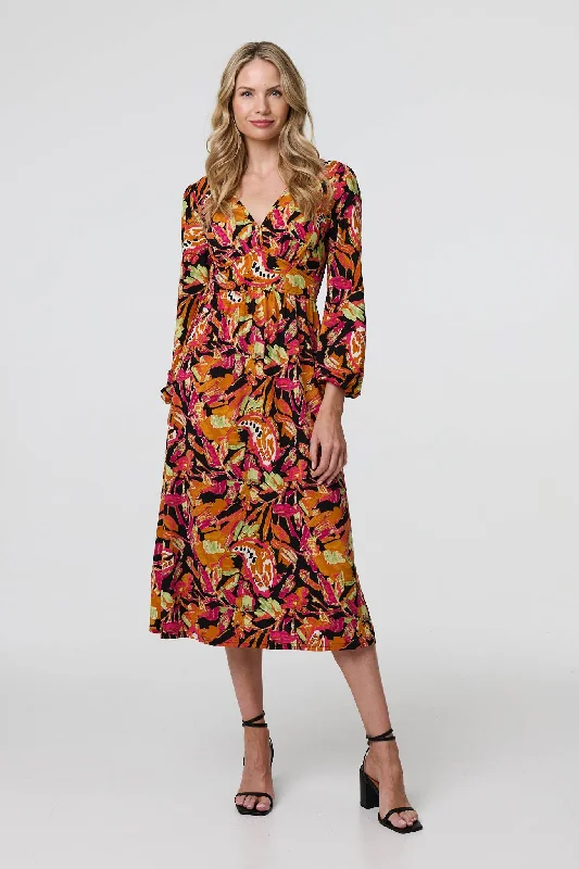 Holiday Gift Guide Sale Tropical Floral Print Long Sleeve Midi Dress