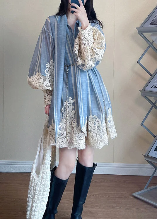 Trend Forward Threads Italian Blue Lace Patchwork Cotton Shirts Dress Spring