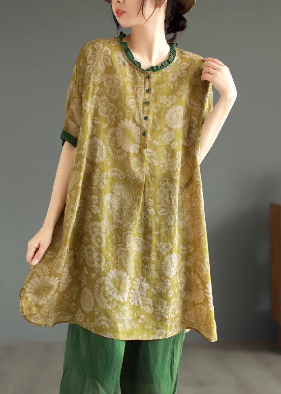 Vibrant Femme Fashion Yellow Button Patchwork Linen Mid Dresses O Neck Half Sleeve