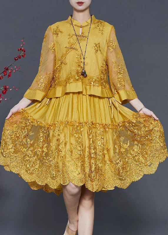 Casual Fashion Yellow Patchwork Tulle Dress Embroidered Chinese Button Spring