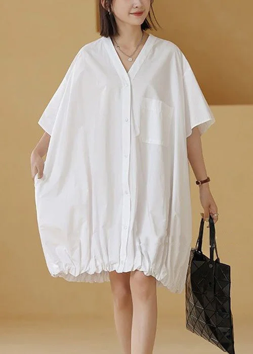 Timeless Women's Fashion Styles White Wrinkled Pockets Cotton Blouses Mid Dress V Neck Summer