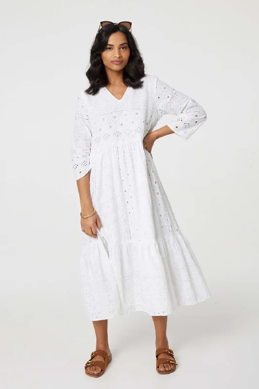 Unleash Your Style Broderie Anglaise 3/4 Sleeve Midi Dress