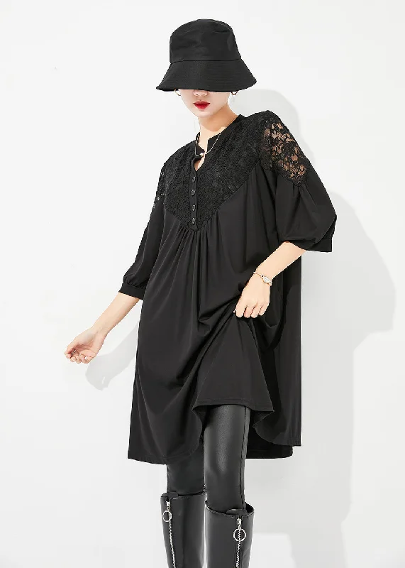 Snag Fabulous Fashion Bargains Art Black Lace Patchwork Hollow Out Wrinkled Cotton Dress Half Sleeve