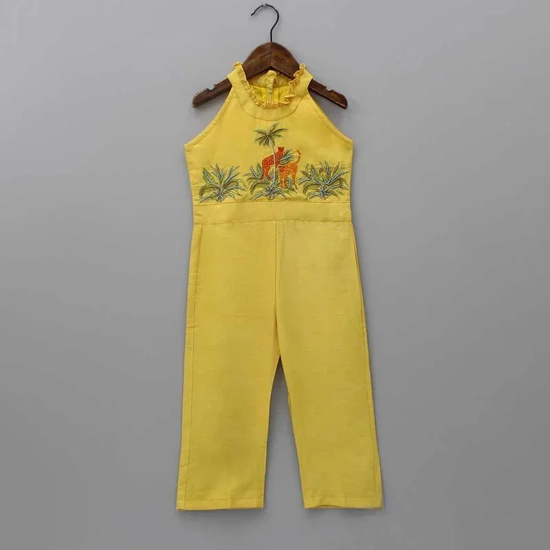 Mega Sale Pre-Order: Cheetah Hand Embroidered Jump Suit-Yellow