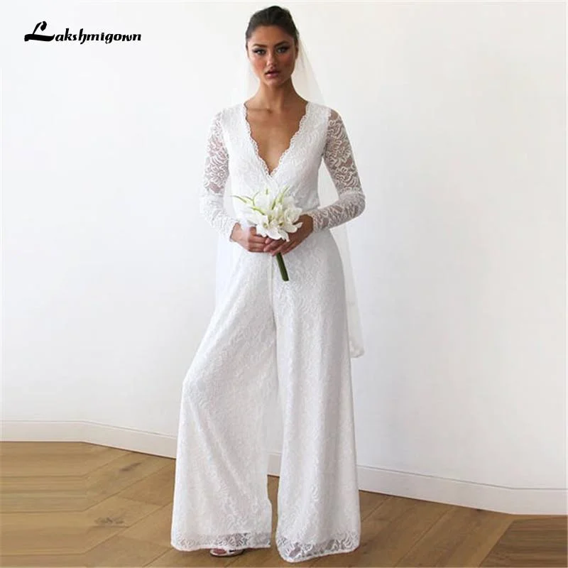 Trendy Street Style Attire Roycebridal White Lace Women Jumpsuits Wedding Dresses Long Sleeve